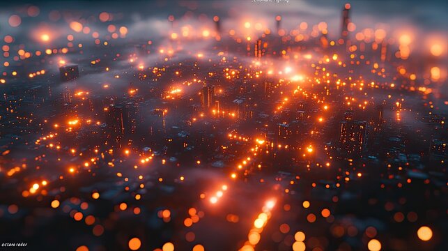 A serene, atmospheric landscape featuring high-voltage power lines and transmission towers against a moody sky.
