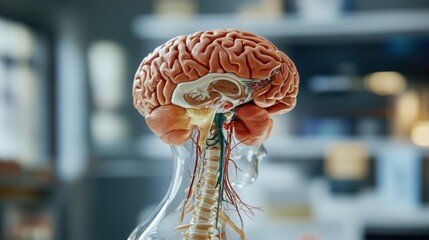 Front view of a 3D brain model emphasizing the brainstem and its connection to the spinal cord, highlighting key structures.