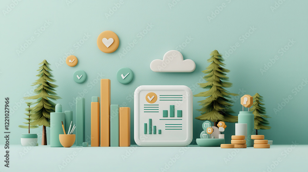 Poster vibrant 3d visualization representing health data analysis with charts, trees, and icons, symbolizin
