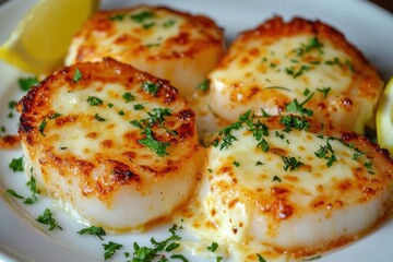 Grilled scallops with a golden crust, topped with melted cheese, served on a white plate with a sprinkle of herbs and a side of lemon wedges
