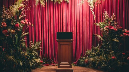 Dark Laptop on Wooden Podium Before Red Curtains and Flowers