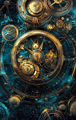 Obraz premium Intricate Timepiece Mechanism: A captivating close-up of a detailed clock mechanism with golden gears and precise workings, symbolizing time, precision, and history.