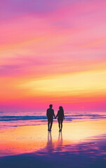Fototapeta premium Eternal Embrace: A silhouette of a couple walking hand-in-hand along a beach at sunset, embodying love and serenity. The sky is painted with warm hues. 