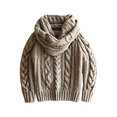 Thick Knitted Sweater in Taupe with Cowl Neck Isolated on Transparent Background