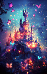 Enchanted Castle: A magical castle atop a hill, glowing with lights and surrounded by glowing butterflies, creating a fairytale and fantasy scene.
