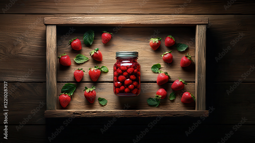 Aufkleber Fresh strawberries arranged around glass jar filled with berries, set on rustic wooden background. vibrant red color and natural elements create delightful and inviting scene
