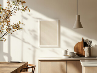 Generate a photorealistic mock-up of a white picture frame in a kitchen environment with a classic scandinavian design