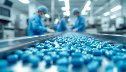 Workers in blue attire efficiently sort blue pills on a conveyor belt in a pharmaceutical manufacturing facility