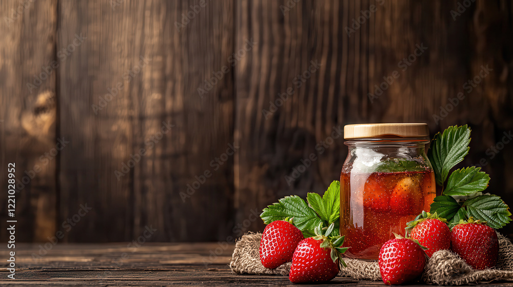 Aufkleber glass jar filled with strawberry jam sits on wooden table, surrounded by fresh strawberries and gree