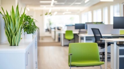 A bright and airy office corner featuring a white and green color scheme, with open space design elements to promote a fresh, inviting work environment.