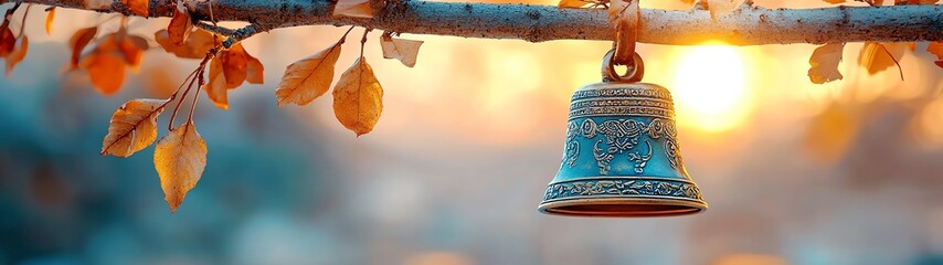 Fototapeta premium Vintage Decorative Bell Hanging from Branch Against Sunset Backdrop with Autumn Leaves and Soft Natural Light
