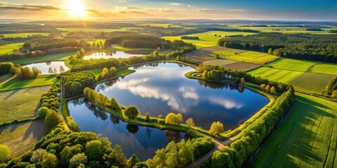 Golden Hour Serenity Aerial View of Interconnected Lakes and Verdant Farmland at Sunset