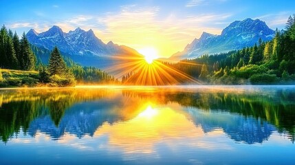 Majestic Sunrise Over Tranquil Mountain Lake And Forest