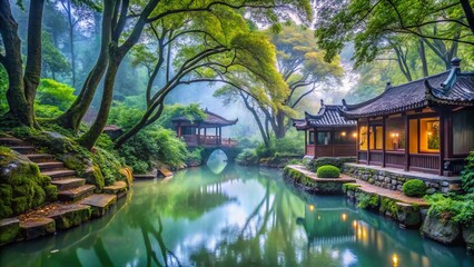 Serene Creek at Tiger Hill, Suzhou:  Misty Forest and Ancient Architecture in Jiangsu, China