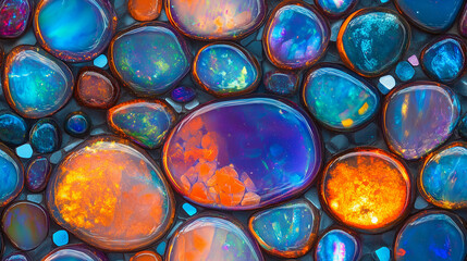 Image made entirely of vibrant round opals, only one layer of opals, high-resolution, 8K details, sparkly