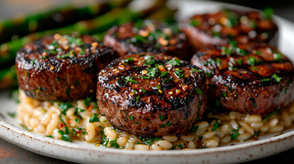 Close-up of perfectly grilled filet mignon medallions with a caramelized crust on creamy risotto
