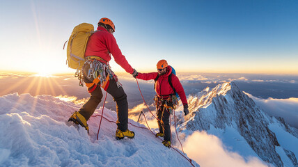 Teamwork and Triumph Climbers Ascending a Snowy Mountain Peak at Sunrise