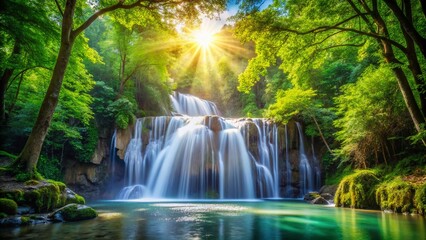 Obraz premium Sunlit Waterfall in Lush Forest with Bokeh, Nature Photography