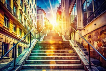 Sunlit White Stairs Urban Street Double Exposure Stock Photo
