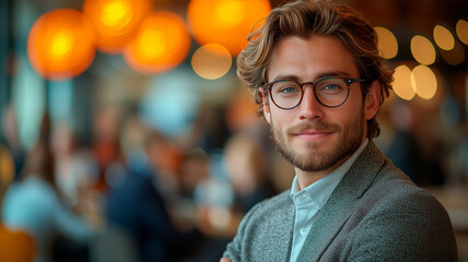 Obraz premium Confident young businessman in glasses and a blazer at a stylish social event