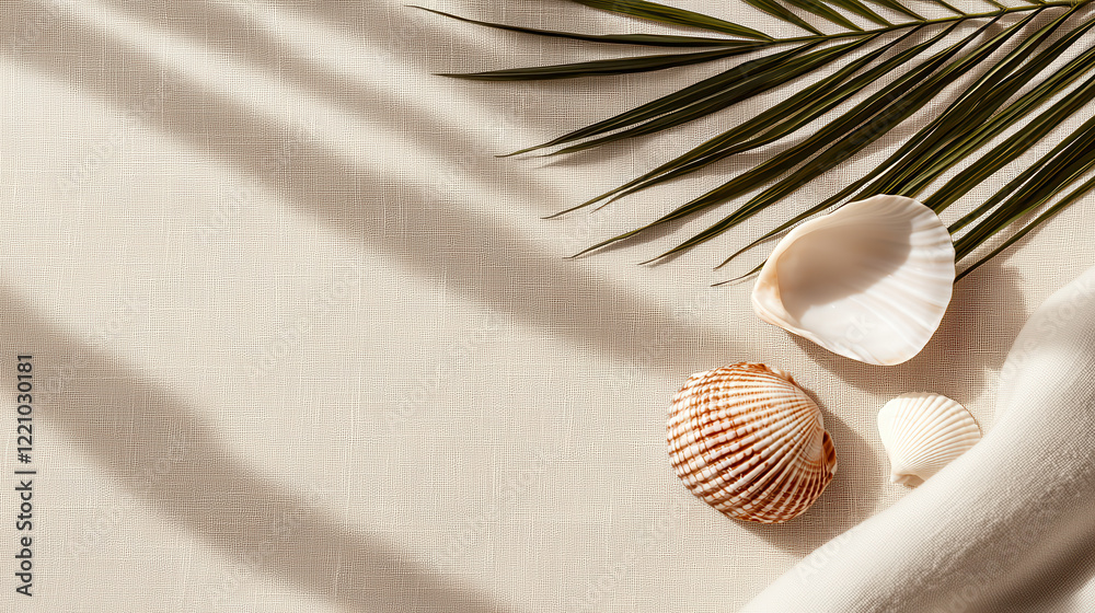 Fototapete minimalist composition with seashells and palm leaves on light background. soft textures and natural