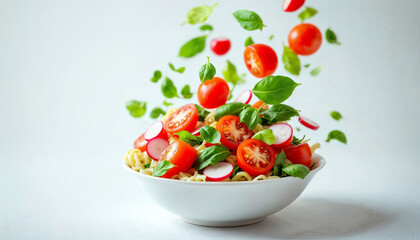 Fresh salad bursting with cherry tomatoes and basil leaves on a white background