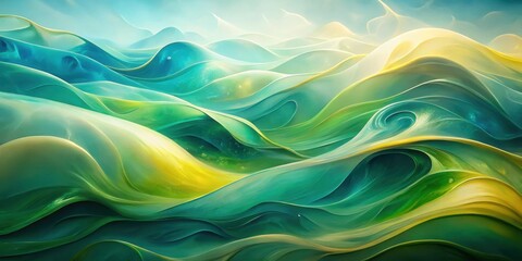 Fototapeta premium Abstract Green and Yellow Fluid Wave Landscape Serene, ethereal swirls of vibrant color create a mesmerizing and calming visual experience.