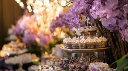Elegant dessert table adorned with purple orchids and sparkling lights for a special celebration at an indoor venue during the evening