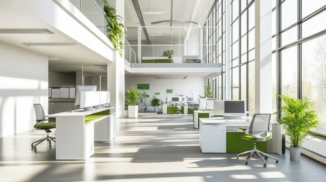 A bright and airy office corner featuring a white and green color scheme, with open space design elements to promote a fresh, inviting work environment.
