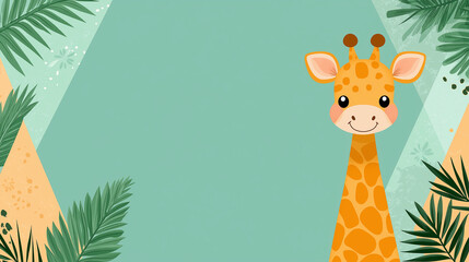 Fototapeta premium Safari Adventure: A cheerful giraffe peeks from behind tropical leaves with a charming smile, ready to greet the world. A turquoise background with subtle textures adds a touch of playful adventure.