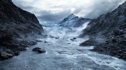 Majestic mountain range in spring glacial river nature photography serene environment wide-angle view scenic beauty