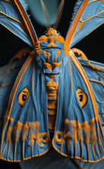 a blue and orange moth with long wings