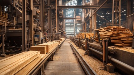 Naklejka premium Industrial Lumber Mill Interior Showing Wood Processing