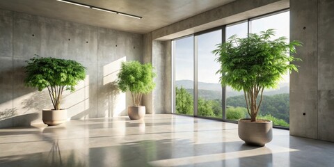 Modern minimalist interior design showcasing three potted plants, large window, and polished concrete floor.  Sunlight streams in, creating shadows and highlighting the tranquil atmosphere.