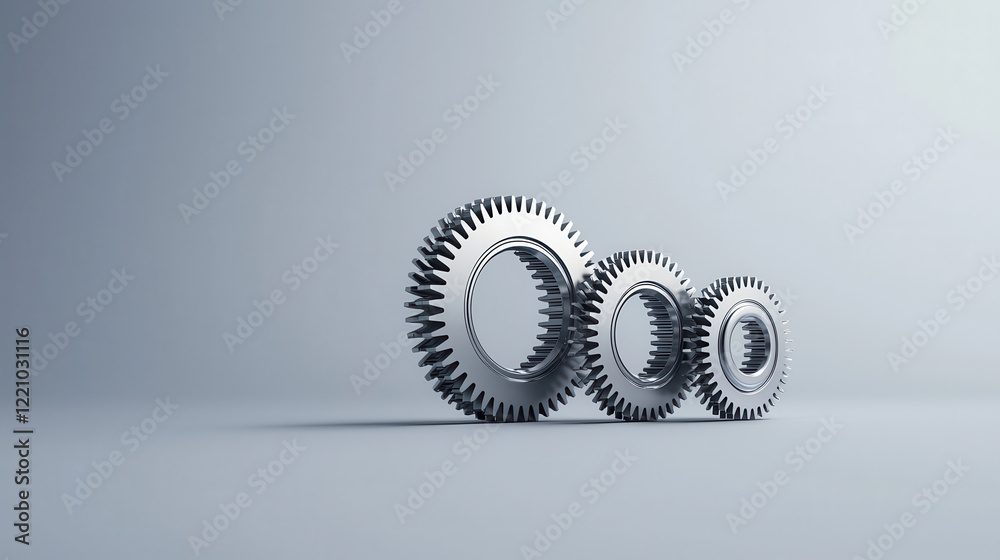 Poster shiny silver gears in varying sizes arranged in row, showcasing precision engineering and mechanical