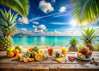Sunny Tropical Beach Vacation: Drinks, Fruits & Ocean View