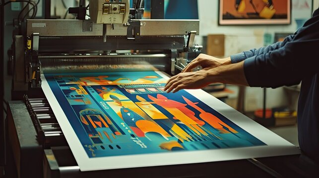 Printing a large, colorful, abstract poster on a professional printing machine