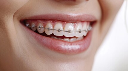 Fototapeta premium Portrait of a woman with orthodontic braces, highlighting a bright smile.