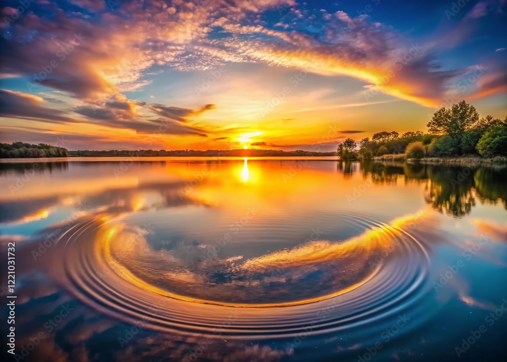 Wall mural Serene Round Lake Sunset: Vibrant Colors & Calm Waters