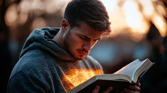 Captivating Image: Man Deep in Thought, Absorbed in a Book, Illuminated by Golden Hour Light