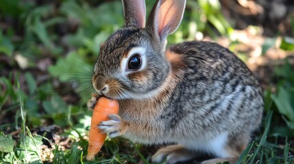 Fototapeta premium A close-up of a bunny nibbling on a carrot, with its fur shimmering in the sunlight and soft grass around its paws