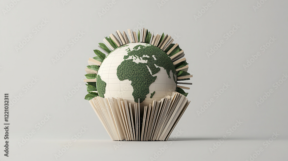Aufkleber globe made of book pages and greenery symbolizes knowledge and nature. this creative representation 