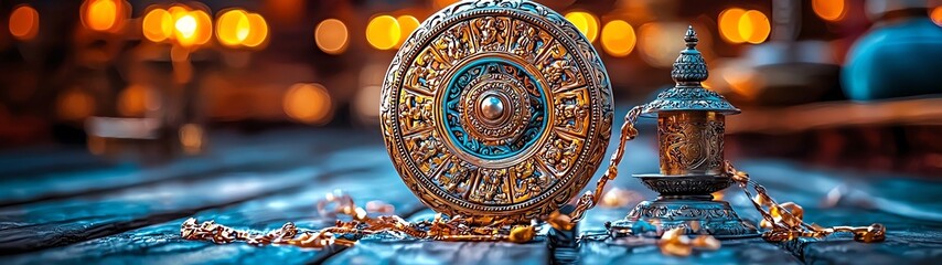 Fototapeta premium Intricate Wheel of Dharma Surrounded by Gentle Light with Exquisite Decorative Symbolism and Ancient Artistry