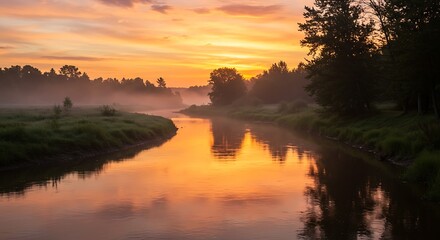 Fototapeta premium Misty sunrise over tranquil river. Peaceful morning nature landscape. Forest.