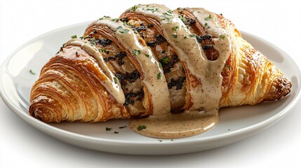 Delicious Croissant with Creamy Sauce and Garnishes on White Plate