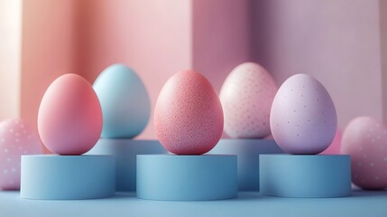 Fototapeta premium Easter eggs podium for product presentation, happy easter day concept, minimal scene with pedestal and egg, Easter day.