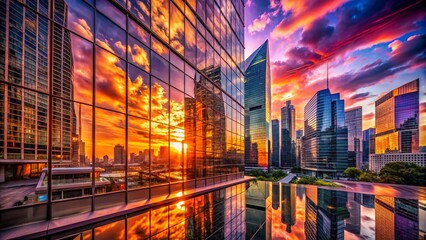 Fototapeta premium Sunset Reflection on Modern Glass Skyscrapers - City Skyline Urban Exploration Photography