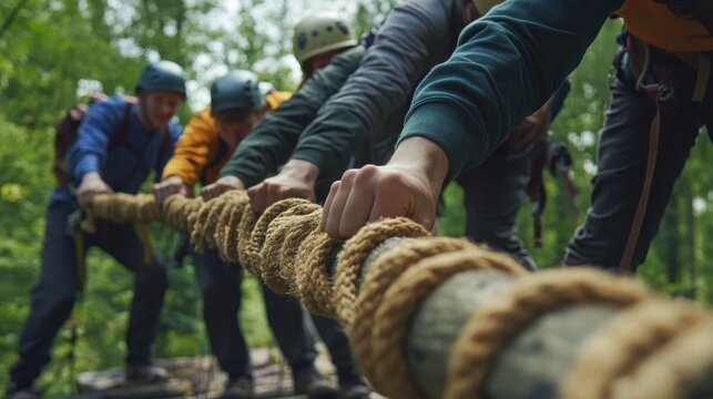 Teamwork strengthens bonds during outdoor rope challenge in the forest on a sunny day - Powered by Adobe
