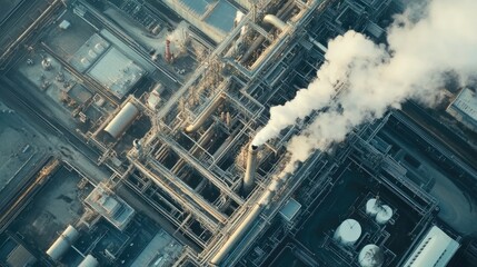 Aerial View of Industrial Complex with Smoke Emission