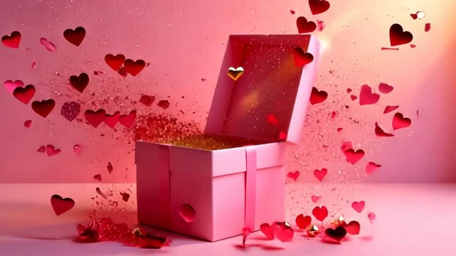 Red hearts jump out of a pink open gift box, explosion of hearts, backdrop for Mother's Day and Valentine's Day